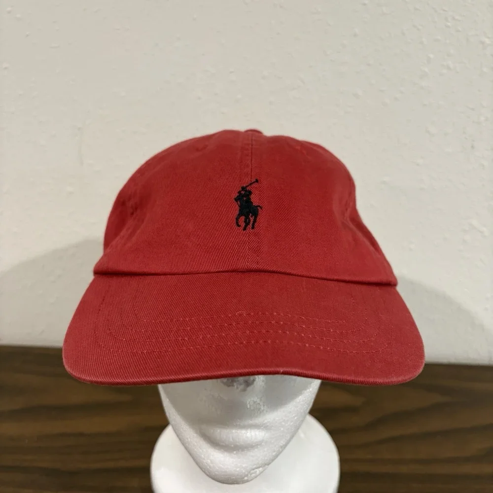 Vtg Polo Ralph Lauren Red Cotton Chino Baseball Cap Black Pony Logo Hat Spellout